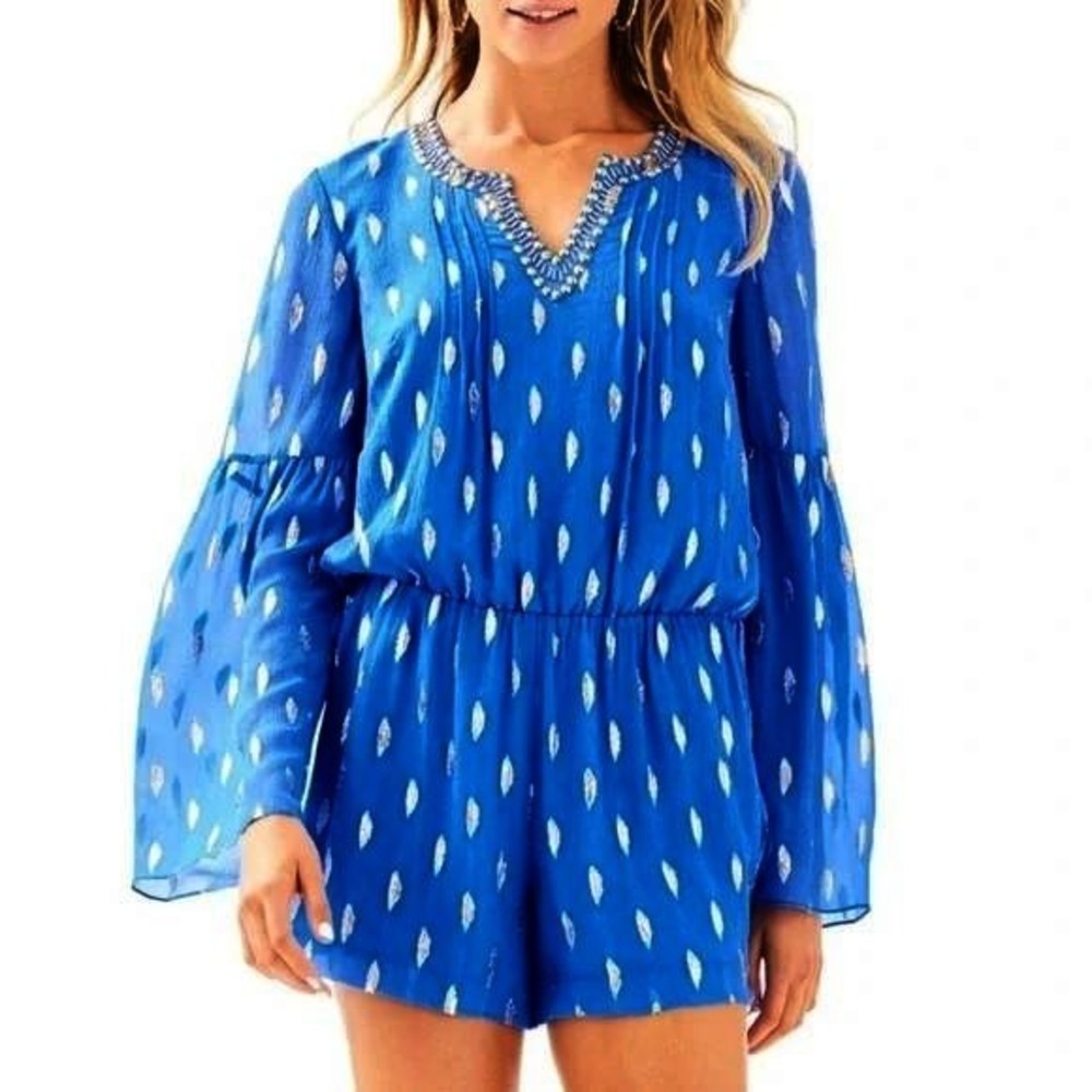 Lilly Pulitzer Ariele Silk Romper Bennett Blue & Metallic Flowy Summer Sz Small